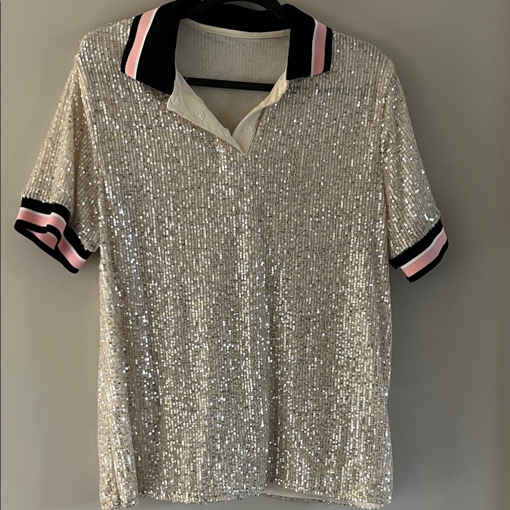 SHEIN Silver Sequin Blouse with Black and Pink Accents